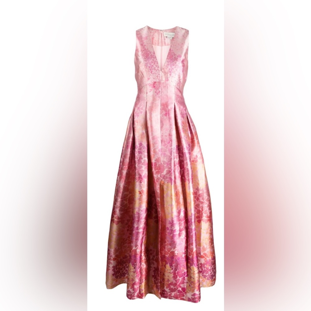 Sleeveless evening gown pink/ orange floral 56 inches shoulder to hem